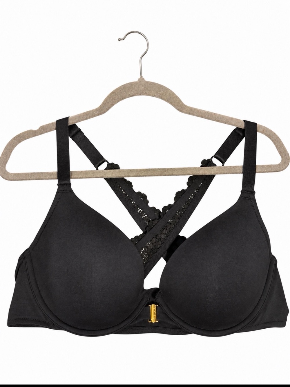 Cacique Boost Plunge Bra 44C Black Lace Cross Back Front Closure